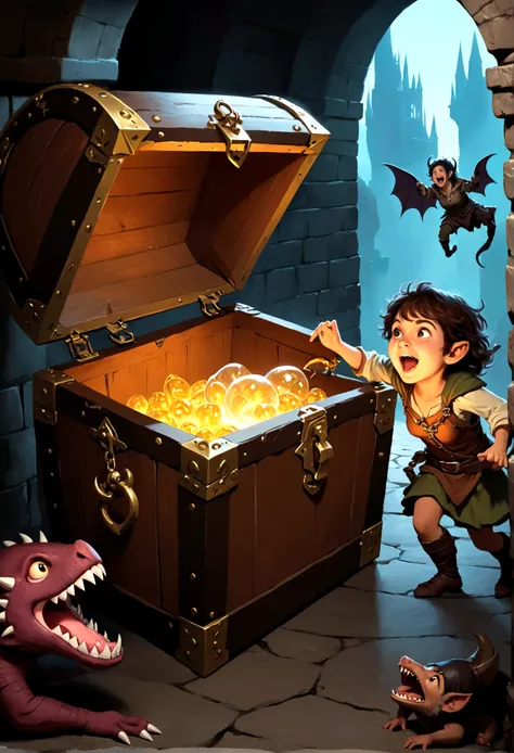 A treasure chest mimic opens its toothy maw and chases after a cute halfling thief woman, dungeon, high fantasy
