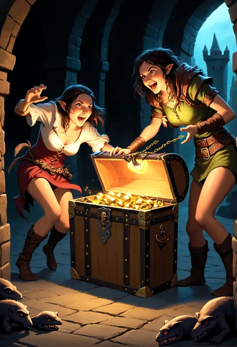 A treasure chest mimic opens its toothy maw and chases after a cute halfling thief woman, dungeon, high fantasy
