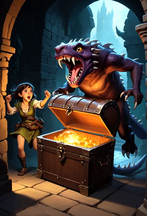 A treasure chest mimic opens its toothy maw and chases after a cute halfling thief woman, dungeon, high fantasy
