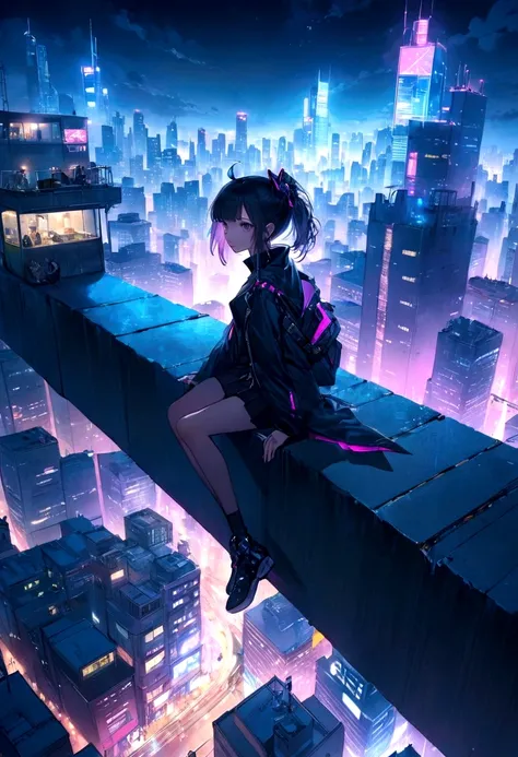 anime girl sitting on a ledge in a city at night、Soaring above the densely packed city、Best Anime 4K Konachan Wallpaper、Digital Cyberpunk Anime Art、anime art wallpaper 4k、anime art wallpaper 4k、anime art wallpaper 8k、anime wallpaper 4k、anime wallpaper 4k、D...