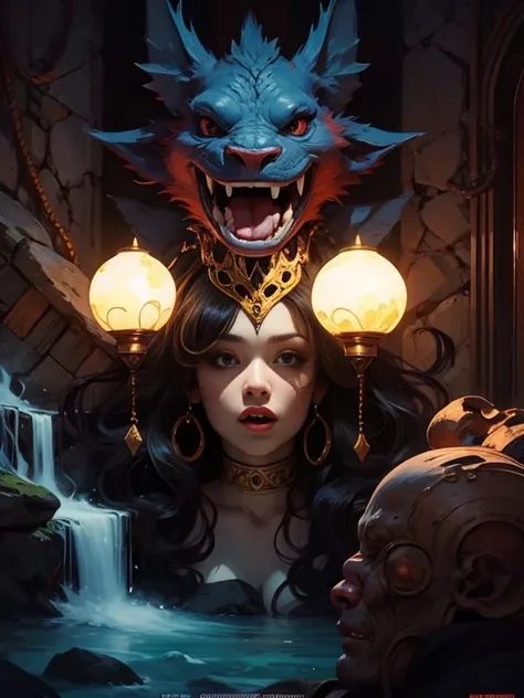 Dark Fantasy RPG Scene、In the dungeon, monsters disguised as treasure chests ambush adventurers.、The treasure chest has eyes, a large mouth, fangs, and a long, red tongue sticking out.、Horror、Manga style、Detailed fantasy creatures、Dramatic lighting、Cinemat...