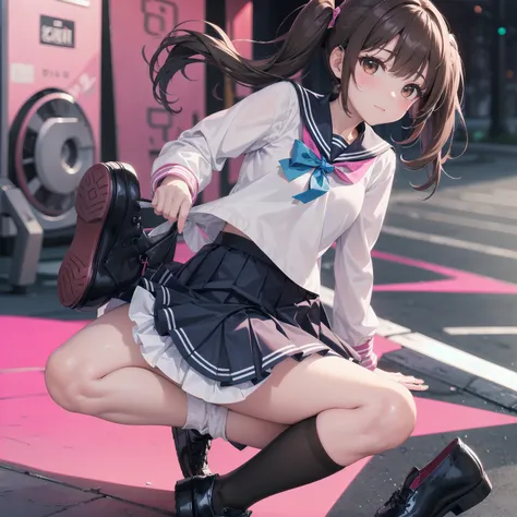 One girl, alone, View your viewers, skirt, Brown Hair, shirt, Long sleeve, bow, Twin tails, Brown eyes, , whole body, shoes, shoes下, Sailor collar, Black footwear, Twin Blade, Cosplay, blue bow, white shoes下, pink skirt, Photo Background, pink Sailor colla...