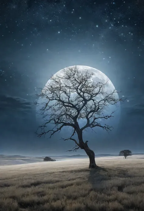 A tranquil and mysterious night scene. A bare tree stands tall in the middle of a desolate field, illuminated by the silver light of the moon. The moonlight shines brightly, highlighting the gnarled branches and casting eerie shadows on the ground. The nig...