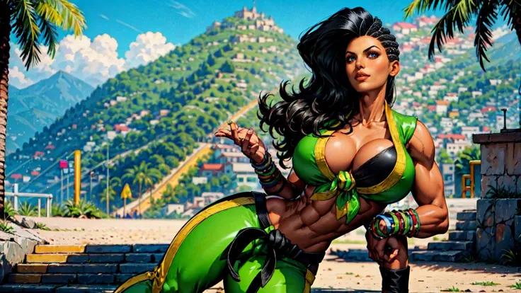 laura_matsuda_aiwaifu,dark_skin,dark-skinned,green Latex female,pants,green_bikini,green_pants,wavy, big breasts,collarbone,long_hair,black_hair,brown_eyes,cleavage,asymmetrical_hair,front-tie_top,large_breasts,navel,bracelet,midriff,lips,makeup,jewelry,li...