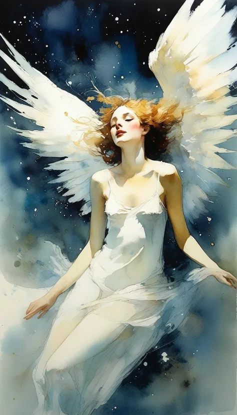 Watercolor,（Upper Body）Angel  laughing, Magical fairy tale,, Deep space sky, style (Jeremy Mann, Louis Icart, Valentin Serov, makoto kobayashi, Karol Buck) 