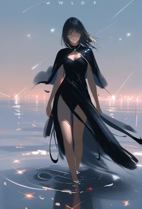 1girl, solo, wlop,
Long Black hair, gradient eyes, black cloak, seductive smile, 
Walking on water, shooting stars
masterpiece, best quality,