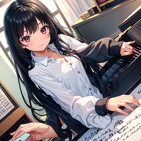 A third grade elementary school girl is playing the piano in her room. The girl has long black hair. The girl is wearing a . The hand tips are carefully drawn.