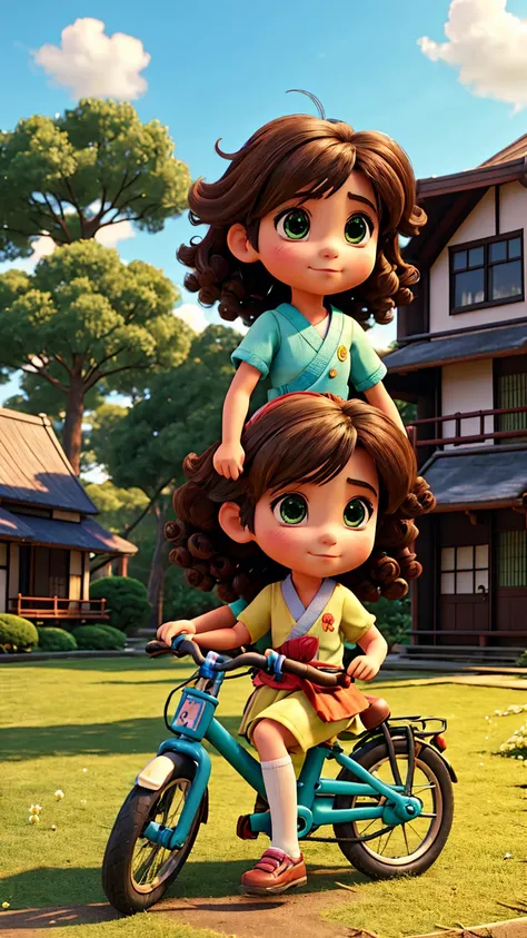 Create a Japanese anime-style scene in the same small, sunny town park. It’s still a bright, clear day with the same fluffy clouds in the sky. The scene features a young girl named Mia, around 8 years old, sitting next to her broken bicycle. Mia has curly ...