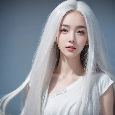 1 woman, White long curly hair，Natural and beautiful hair，The background is simple, clean and beautiful. White hair, selfie. Gamer. 