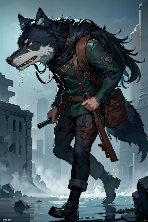 Submersion, ruins, Super high quality, 8K, Man walking with wolves, ((Man carrying a rifle)), crossed arms, The big wolf is beside him, big wolf,Black Hair, youth