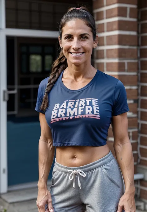 Beautiful brunette mother, 38 years old, athletic, tanned legs, wearing gym shorts and a t-shirt.  Standing outside a school. 4k. natural light. Detailed face, Wrinkles around the eyes. Ponytail.