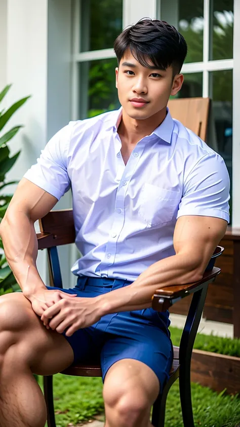 Masterpiece, best quality, High quality, วอลล์เปเปอร์ CG unity 8k ที่มีvery detailed, depth of field, HDR,,photorealistic,very detailed, 1 man sitting on a chair, Asia, black short hair, , (Thai , white shirt), blue cargo shorts, chest muscles, Big arm mus...