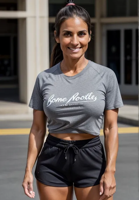 Beautiful brunette mother, 38 years old, athletic, tanned legs, wearing gym shorts and a t-shirt.  Standing outside a school. 4k. natural light. Detailed face, Wrinkles around the eyes. Ponytail.