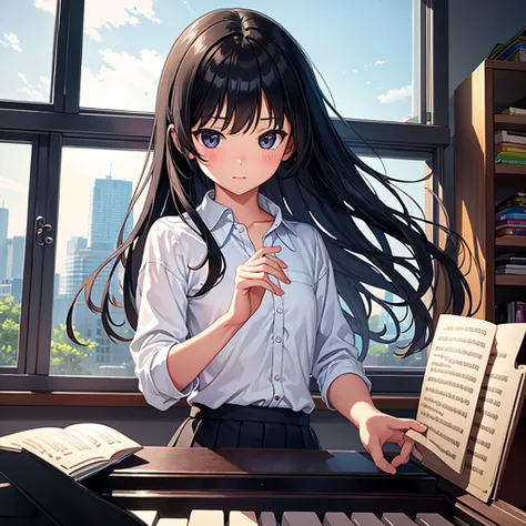 A third grade elementary school girl is playing the piano alone in her room. The girl has long black hair. The girl is wearing a . The hand tips are carefully drawn.