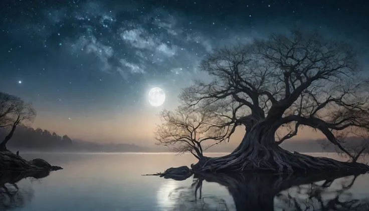 A hauntingly beautiful night scene. A bare tree stands alone in the middle of a large, serene lake, its gnarled branches reaching towards the sky. The tree is illuminated by the soft, silver light of the full moon, which reflects off the calm surface of th...