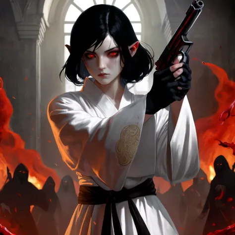 High quality, 4k, hd, black hair, female, holding a gun, glowing red eyes, white monk robe outfit, masterpiece, grim background, 1 girl, blood drenched clothes, steam coming out of eyes, elf ears, in hell background, all white gloves, angry 