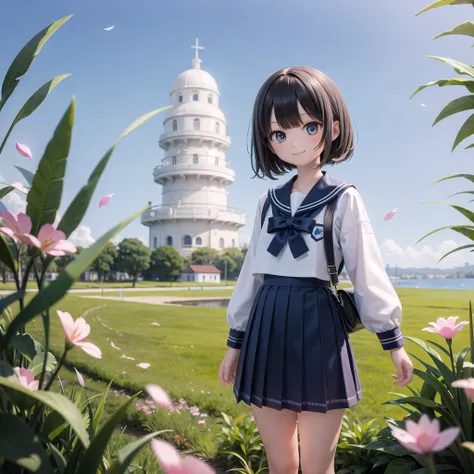 (masterpiece),  town,  blue sky,  One girl,  smile,  alone,  Sailor suit,  Overgrown,  petal,  plant