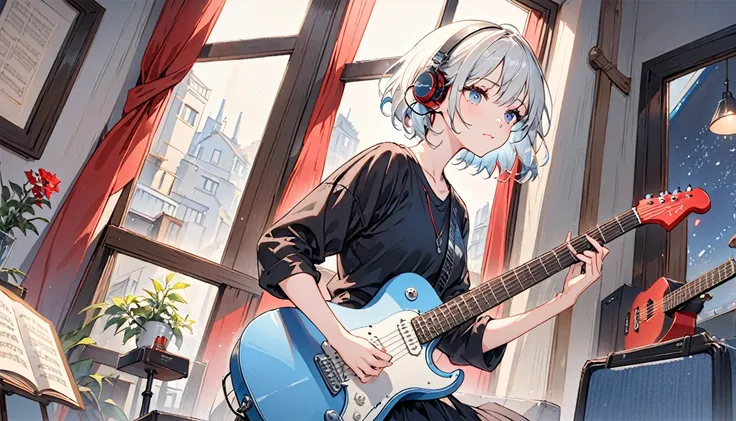 ((masterpiece、Highest quality)) One girl、alone、Black Skirt、Silver-white hair、blue eyes、エレキguitar、guitar、Headphones、lift、Thorn、musical instrument、Short Hair、music、From one side to the top、Red reflection black hair、playing the guitar、jeans、Black Shirt、Inside