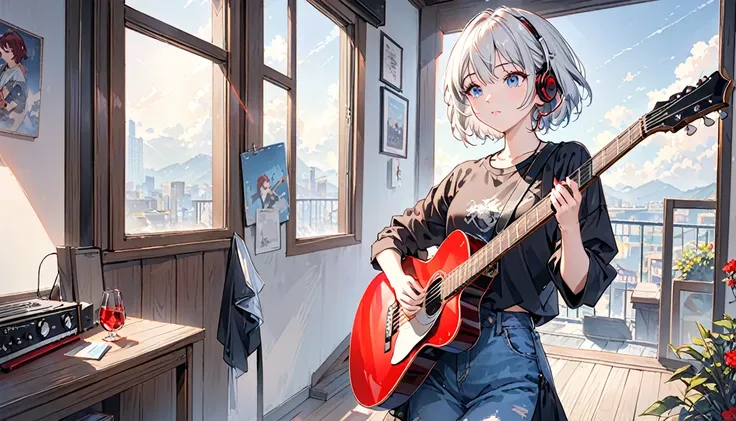 ((masterpiece、Highest quality)) One girl、alone、Black Skirt、Silver-white hair、blue eyes、エレキguitar、guitar、Headphones、lift、Thorn、musical instrument、Short Hair、music、From one side to the top、Red reflection black hair、playing the guitar、jeans、Black Shirt、Inside