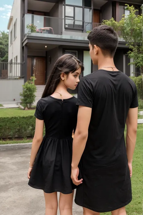 Create a 3D profile picture for brother and sister 20 years old brother wear in black curta and 8 years old sister wearing Barbie doll dress and back side in  house background 