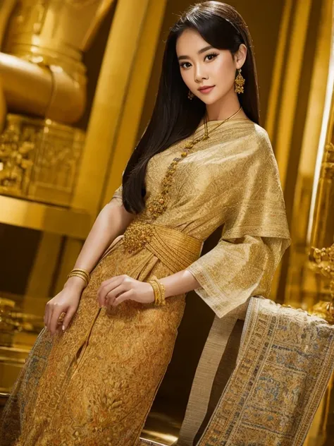 (masterpiece, best quality:1.2), 1girl, solo,thai girl.thai dress,dress,ผ้าสีน้ำตาลลวดลายสวยแบบไทย.