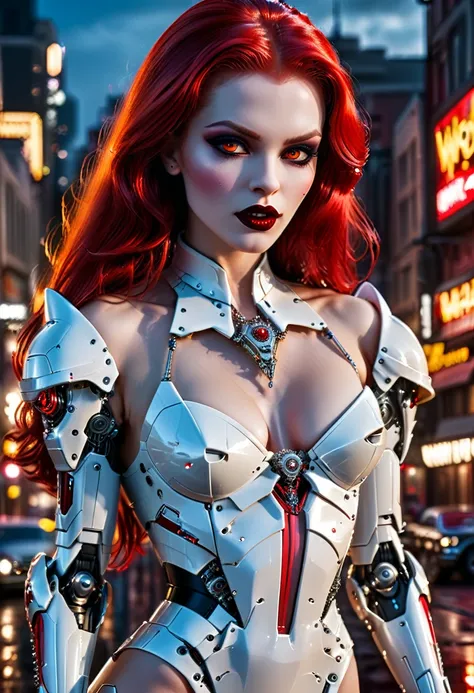 ((a photorealistic glamour shot of an exquisite, glamour mecha female vampire: 1.5)), ((full body: 1.3)), ultra feminine, pale face, red hair, long vibrant shiny hair, glamorous hair,  red eyes, miniatures mechanical , deep penetrating eyes, red lips, lust...