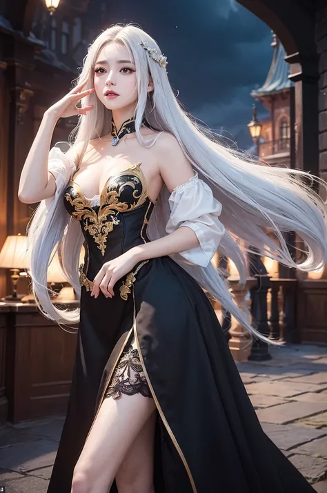 ((masterpiece:1.5,Highest quality,Highly detailed images,Beautiful images、Realistic、Photorealistic、2.5D))(1girl, 独奏)(medium breasts, white hair, black eyes, Healthy legs、Tight ass、Beautiful cleavage)(Fantasy dresses、Fantasy Clothes、Battle Dress from Anothe...