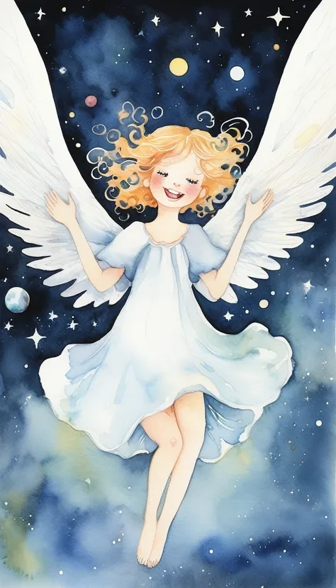 Watercolor,（Upper Body）Angel  laughing, Magical fairy tale,, Deep space sky, style (Junko Kitano) 