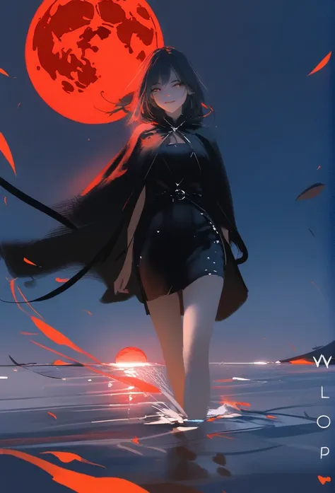 1girl, solo, wlop,
Black hair, gradient eyes, black cloak, seductive smile, 
Walking on water, red moon, night sky
masterpiece, best quality,