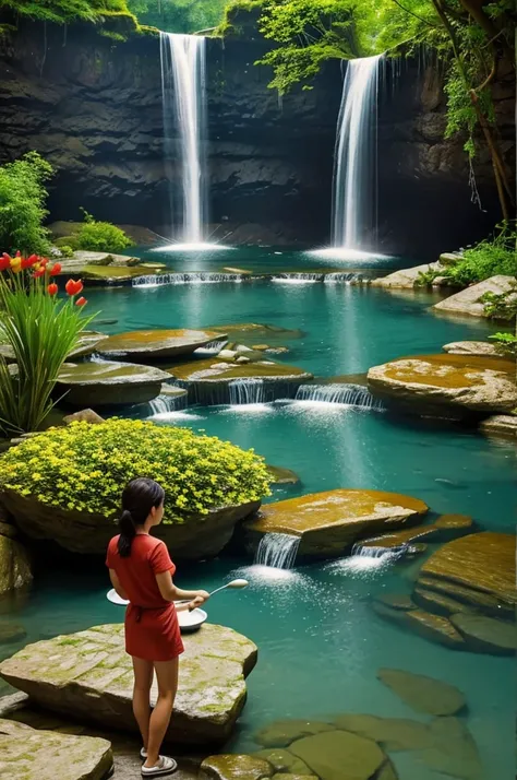 cartoon 4d,a short 40-year-old woman is cooking fish in the kitchen.flowers on the table with a waterfall background