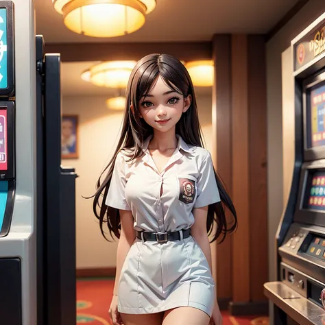 happy and smile, indonesian girl wearing high , teasing you, waiting customer play, work as casino customer service, standing in between slot machine