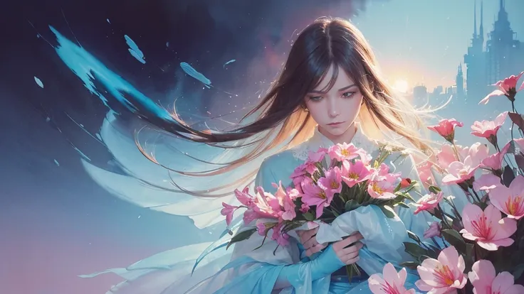 32k, Masterpiece, Highest quality, One girl, Detailed eyes, flower,Alstroemeria, Pink and light blue style,A dreamy, romantic piece,Pale yellow, Mysterious Leaves,A playful arrangement,Fantasy,High Contrast,Ink strokes,explosion,Exposure, Impression of pin...