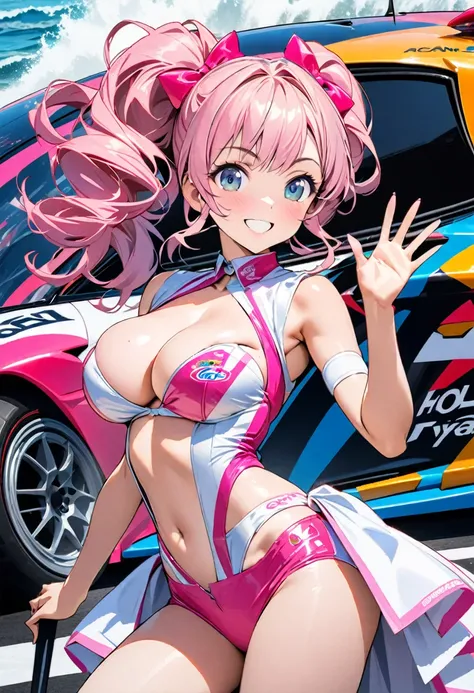 3dCG concept art,A picture of a race queen striking a dynamic pose in front of a racing car.The race queen is a girl, about 16 years old, with long pink hair and waves.Pop hair color, pink bikini type outfit and white pareo,I can clearly see the cleavage, ...