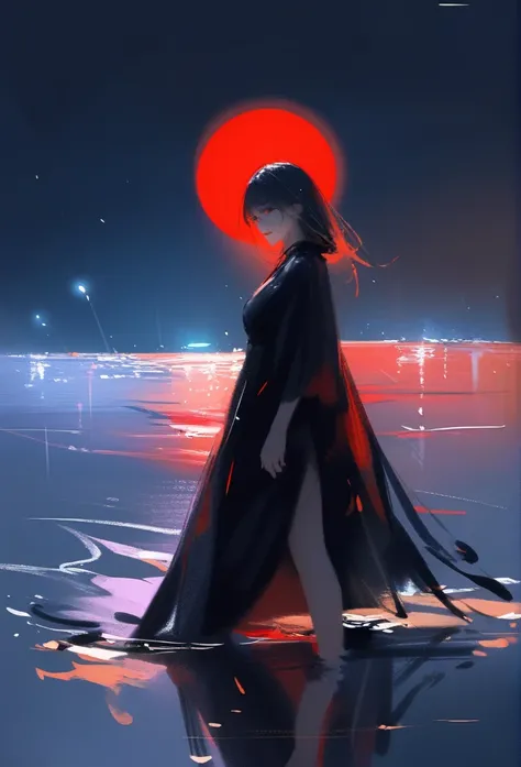 1girl, solo, wlop,
Black hair, gradient eyes, black cloak, seductive smile, 
Walking on water, red moon, night sky
masterpiece, best quality,