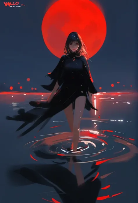 1girl, solo, wlop,
Black hair, gradient eyes, black cloak, seductive smile, 
Walking on water, red moon, night sky
masterpiece, best quality,