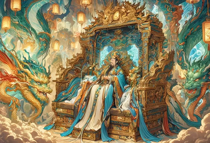 Jade Emperor seated on a magnificent golden throne in the heavenly realm. he looks down with kind, knowing eyes. A humble young farmer in simple clothing stands respectfully before the throne, looking up in awe. Surround them with floating lanterns, mythic...