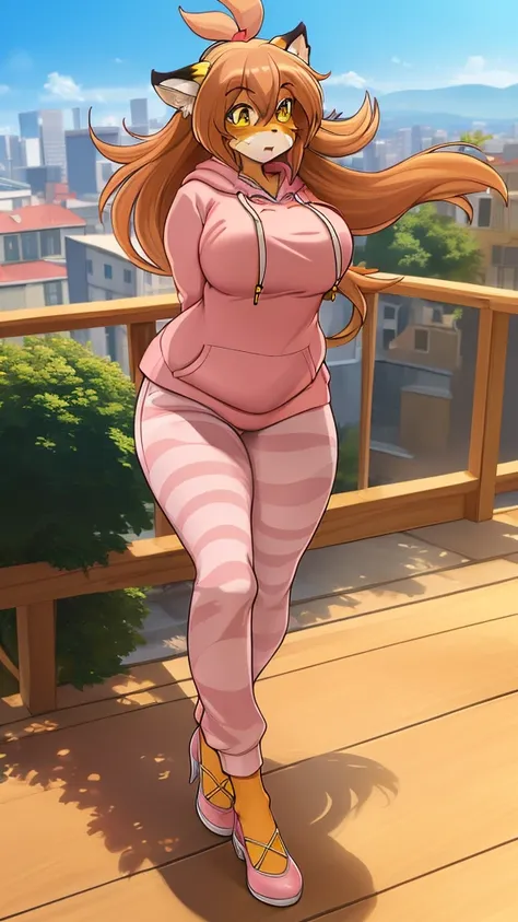 (masterpiece:1.4), (best quality:1.4), solo, city background,(pink hoodie:1.5), (pants:1.5),furry, flora, giant thicc breasts,ti...