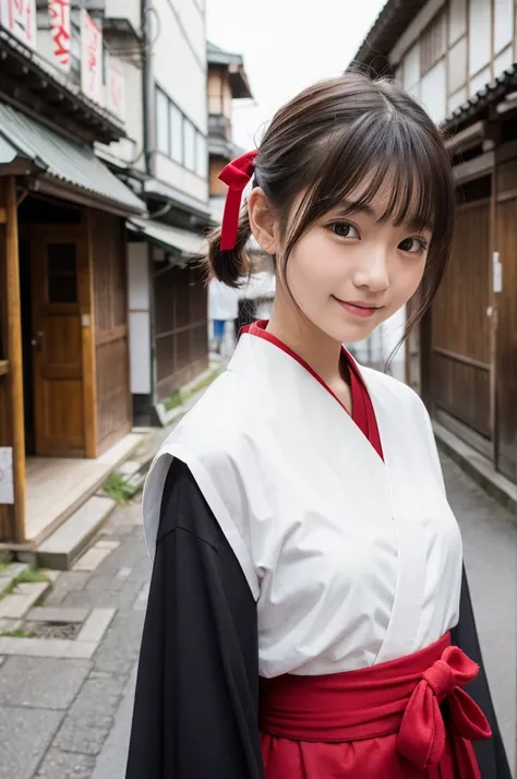 2 girls standing in old-Japanese street,white hakama top,BREAK,red hakama bottom,18-year-old,bangs,a little smile,short hair and low pigtails with red ribbon bow,from before,front light