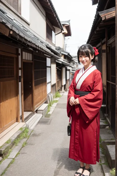 2 girls standing in old-Japanese street,white hakama top,BREAK,red hakama bottom,18-year-old,bangs,a little smile,short hair and low pigtails with red ribbon bow,from before,front light