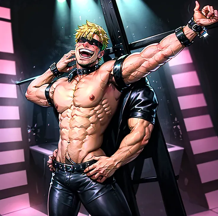 A crowded nightclub with colourful lights and several muscular handsome men wearing black leather BDSM outfits mingling and talking, one muscular shirtless blonde man laughing at the centre of the pictures with hands tied up to the ceiling and his armpits ...