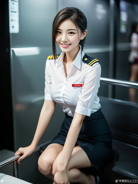 (a gorgeous lady, age 21, flight attendant uniform, shenzhen airlines stewardess, wet white shirt, wet red mini-skirt, kneeling ...