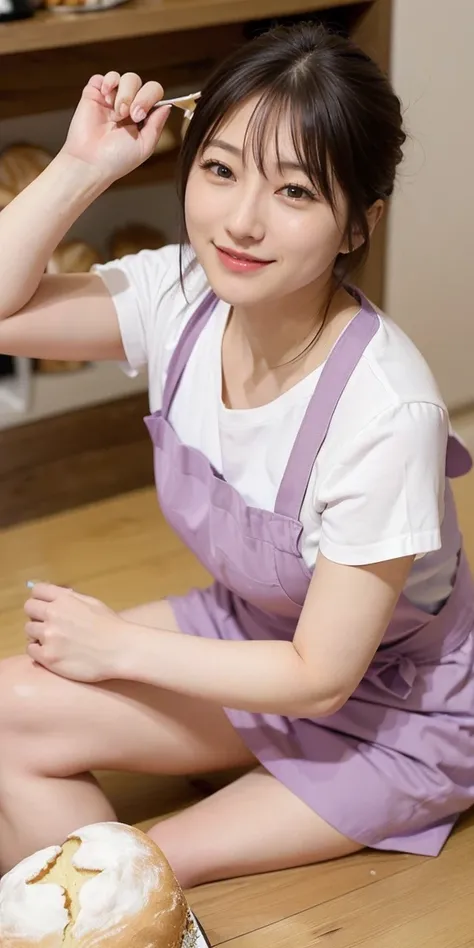 (((Low - Angle:1.4)))、((One hand raised))、((She is wearing a colorful and pop blouse and apron.)),(;have big bread))、(((Spread your legs:1.4)))、,(((beautiful armpits:1.2)))、High resolution、Bakery、16-year-old girl、smile、Finished as in the picture、white and ...