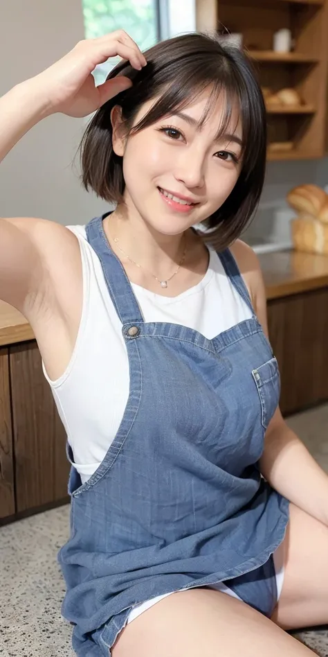 (((Low - Angle:1.4)))、((One hand raised))、((She is wearing a colorful and pop blouse and apron.)),(;have big bread))、(((Spread your legs:1.4)))、,(((beautiful armpits:1.2)))、High resolution、Bakery、16-year-old girl、smile、Finished as in the picture、white and ...