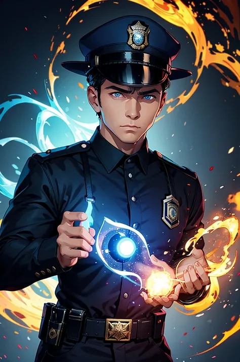 police man with a magic aura around him and fire in his hand and eye