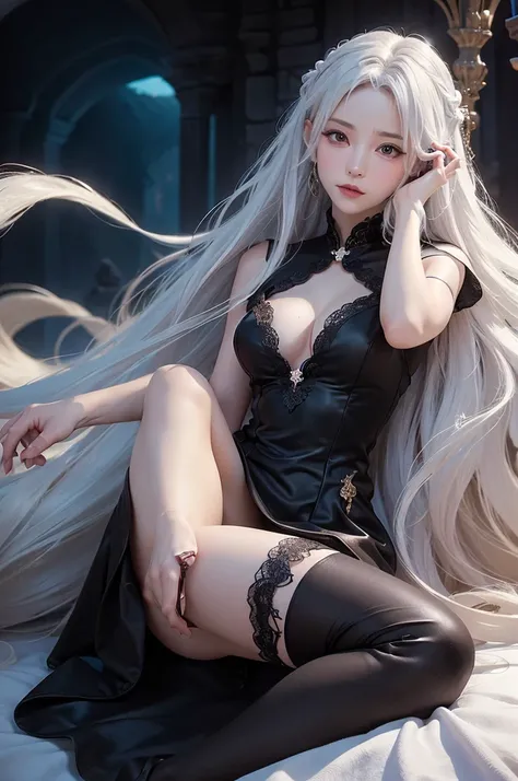 ((masterpiece:1.5,Highest quality,Highly detailed images,Beautiful images、Realistic、Photorealistic、2.5D))(1girl, 独奏)(medium breasts, white hair, black eyes, Healthy legs、Tight ass、Beautiful cleavage)(Fantasy dresses、Fantasy Clothes、Black battle dress、Deep ...