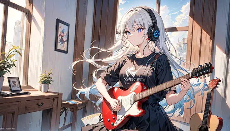 ((masterpiece、Highest quality)) One girl、alone、Black Skirt、Silver-white hair、blue eyes、エレキguitar、guitar、Headphones、lift、Thorn、musical instrument、long hair、music、From one side to the top、Red reflection black hair、playing the guitar、Black Shirt、Inside