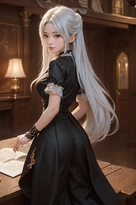 ((masterpiece:1.5,Highest quality,Highly detailed images,Beautiful images、Realistic、Photorealistic、2.5D))(1girl, 独奏)(medium breasts, white hair, black eyes, Healthy legs、Tight ass、Beautiful cleavage)(Fantasy dresses、Fantasy Clothes、Black battle dress、Deep ...