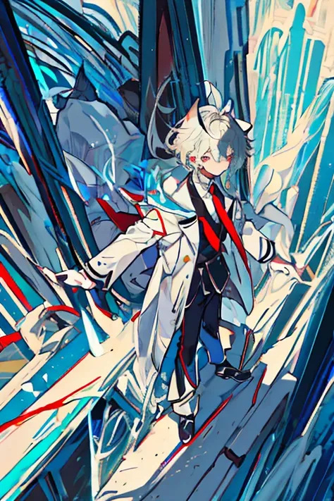 half cat boy,YOUNG,heterochromia brown eyes on the left and one blue on the right,white hair and clothes white shirt with a black jacket and black pants,Red tie,soft and cute scenery