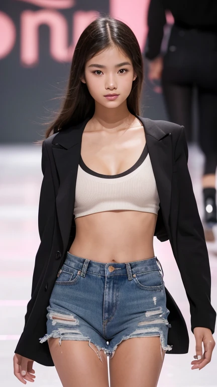 A girl walking down the runway at a fashion show, thigh, (Torn clothes:1.5), (High resolution:1.3), (16K, Realistic, RAW Photos, Best image quality: 1.4), (One Girl), Beautiful Face, (Lively Faces), Realistic eyes, Beautiful and exquisite, (Realistic Skin)...