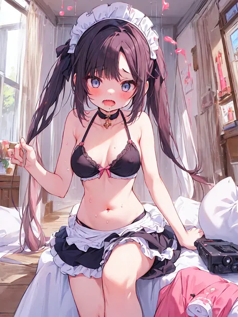 ((日本人のgirl1人、aldult)), ( small)), Black Hair、Brown Hair、masterpiece, 最high quality, high quality, Highly detailed 8K wallpapers,amusement park、Pink Hair、Extreme heat、Heavy breathing、breathe、Sweat、Head ornament、cute girls、Cute Maid、Bold Pose、(Secrete saliva...